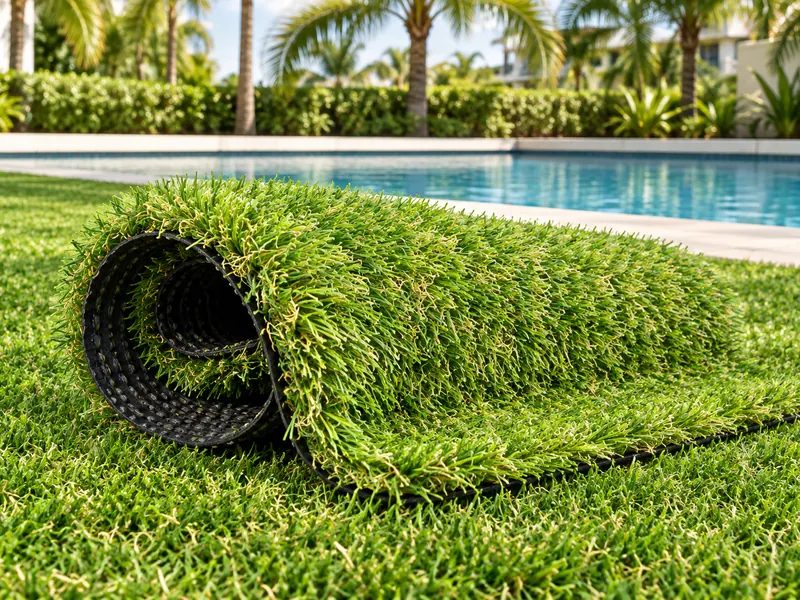 Rolo de grama sintética bicolor de fio longo desenrolado ao lado da piscina